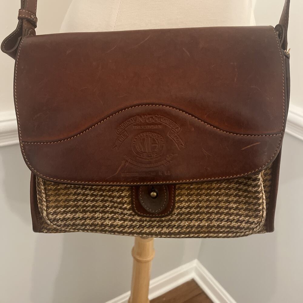 Vintage Ghurka The Catcher No. 58 Chestnut Leather and Houndstooth Crossbody Bag